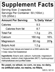 Alternative view of Butyrate (Calcium Magnesium) 600mg - 250 capsules